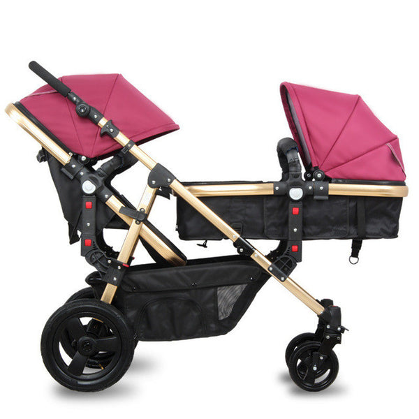 Rubber Wheels Baby Stroller Golden Frame Sleeping Basket Position Twins Stroller Baby Pram Jogger with 2 Seats