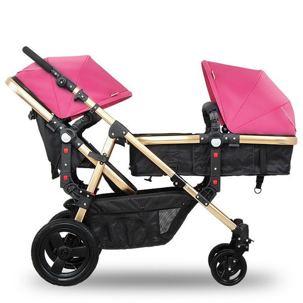 Rubber Wheels Baby Stroller Golden Frame Sleeping Basket Position Twins Stroller Baby Pram Jogger with 2 Seats