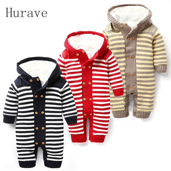 Hurave Autumn and winter Baby Girl Boys Outwear Thick Warm Striped Fleece for Winter Knitted Sweater Kids Infant Hooded Clothes