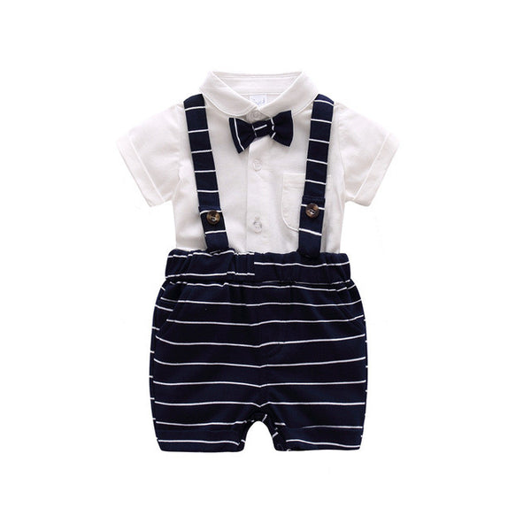 NEW 2017 Infant baby Boys Clothes set Gentleman baby Suit [ baby bodysuits with Bowtie + braces + Hat ]  baby boys dress
