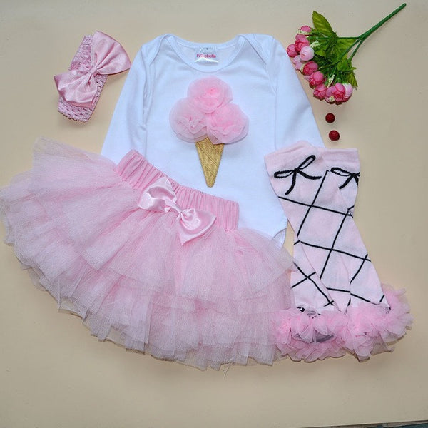 First Birthday Newborn Gift Clothing Set Baby Girls Dress Cotton Mesh Ruffle Girl Christening Gowns 4pcs Bodysuit Tutu Skirt Set