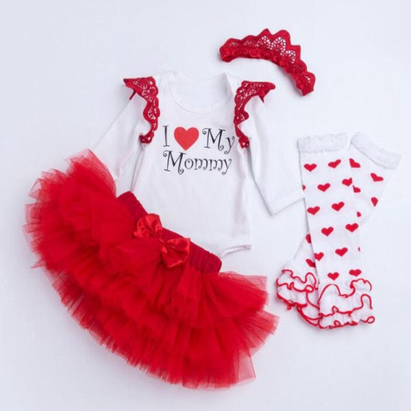 I Love Mummy Mother's Day Outfits 4pcs Baby Girl Bodysuit Headband + Tutu Skirt  Legwarmers Set Vetement De Bebe Newborn Clothes
