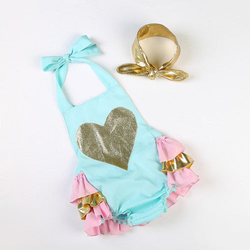 New arrival ruffle baby girl summer style sequins heart pattern satin cotton bubble romper clothes with matched headband kids