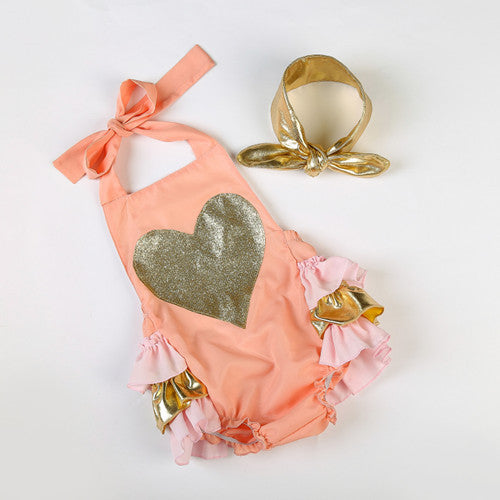 New arrival ruffle baby girl summer style sequins heart pattern satin cotton bubble romper clothes with matched headband kids
