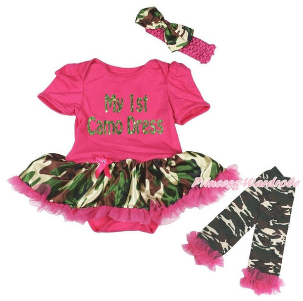 My 1st Camo Dress Hot Pink Bodysuit Camouflage Pettiskirt Girl Baby Dress Leg Warmer NB-18Month