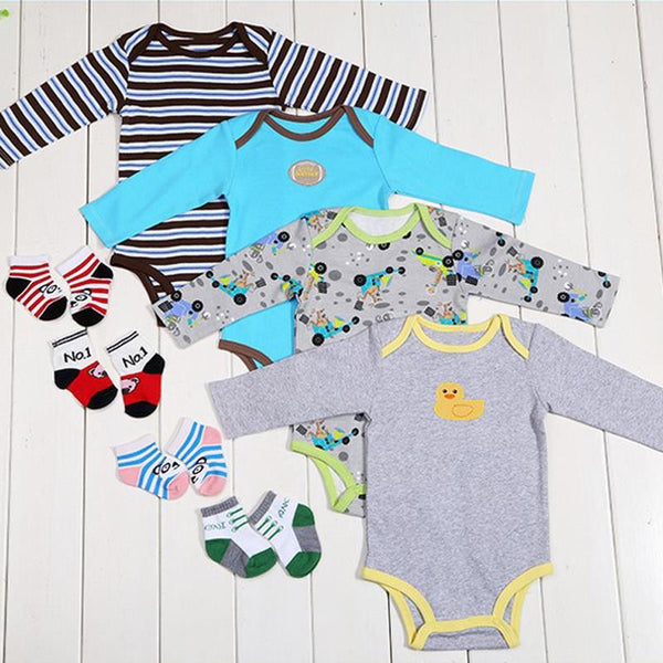 4pcs/lot Summer long-Sleeve Toddler's Cotton Jumpsuits Baby Suit + Socks Baby Rompers Boy Girl Design Multicolour